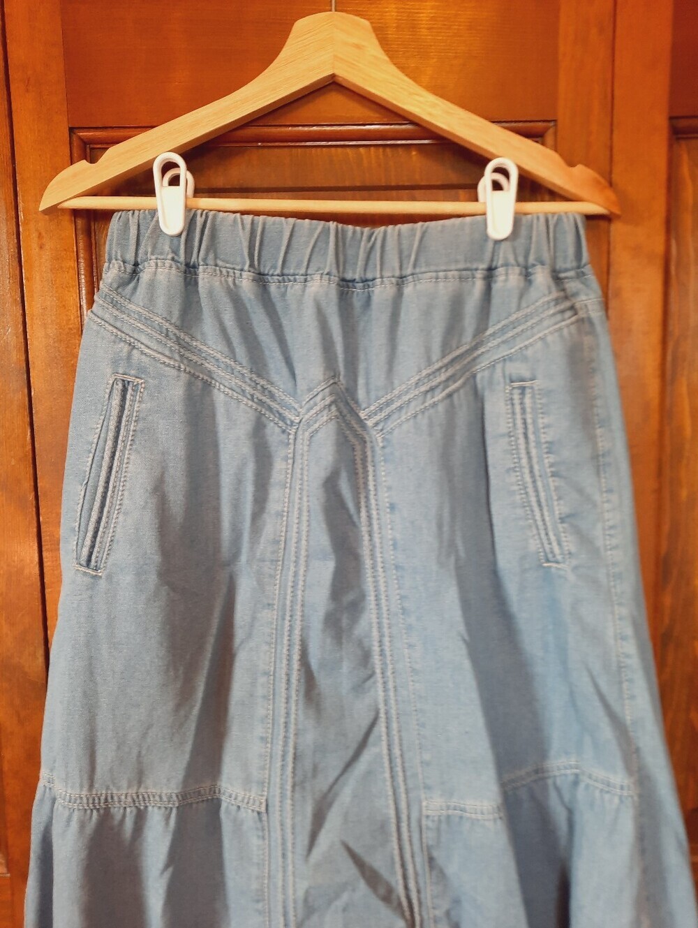 Handmade Denim Chambray Elastic Waist Boho Western Jean Maxi Skirt Size Medium - Picture 2 of 11